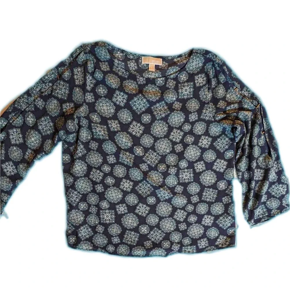 Women's Michael Kors Boho Top Size XLarge Shirt Navy Turquoise Casual Dressy